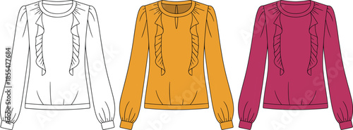 Women's ruffle blouse front view, cad drawing, flat vector illustration, feminine fashion top template, colorful apparel mockup, isolated clothing design