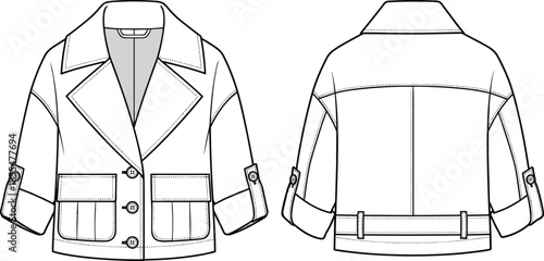 Women’s cropped jacket flat vector CAD drawing, front back view fashion outerwear technical illustration apparel design template modern clothing outline