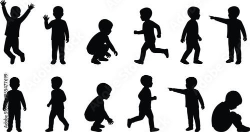 Silhouettes of children in diverse poses, black figures, walking, running, squatting, pointing, sitting, expressive gesture, white background, motion and posture variety