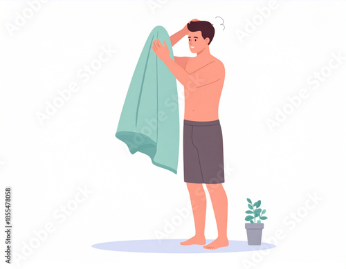 Man drying his hair with a towel after a shower, standing in shorts next to a small potted plant.