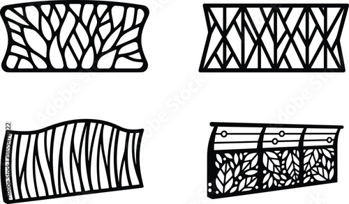 Abstract architectural fences elements in black and white with nature inspired design.