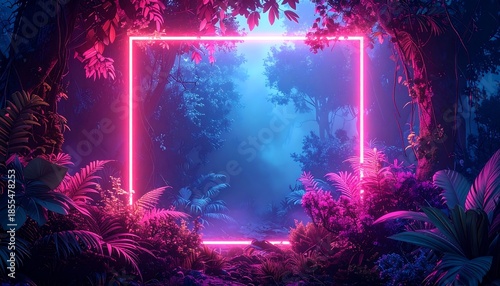 Neon portal illuminating a vibrant tropical forest with a mystical ambience