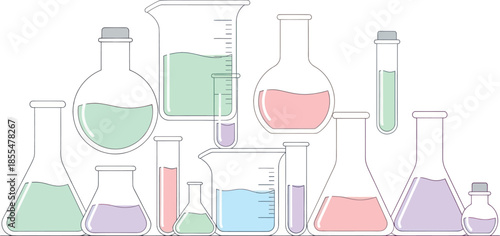 Illustration of laboratory glassware including beakers flasks and test tubes in pastel colors for