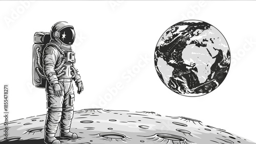 Astronaut on Lunar Surface Gazing at Distant Earth A Monochrome Space Exploration Illustration