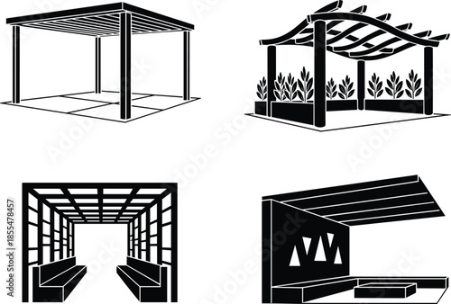 Variety of pergola structures in black and white illustration on transparent background.