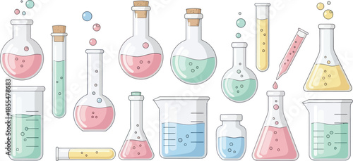 Illustration of Laboratory Glassware with Different Colored Liquids and Pipettes for Science