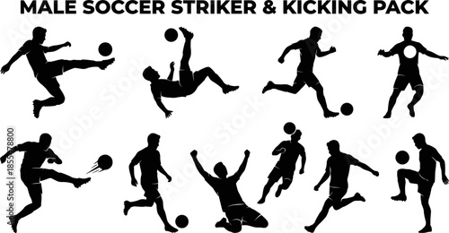Male soccer player kicking and action silhouettes vector illustration