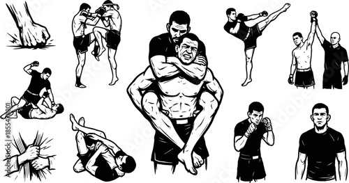 Mixed martial arts fighters set in various combat poses vector illustration