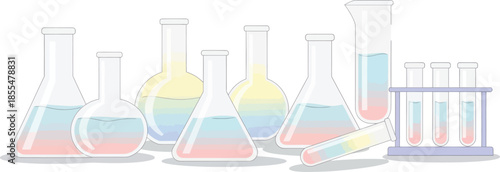 illustration of laboratory glassware with colorful liquids for scientific experiments in a modern