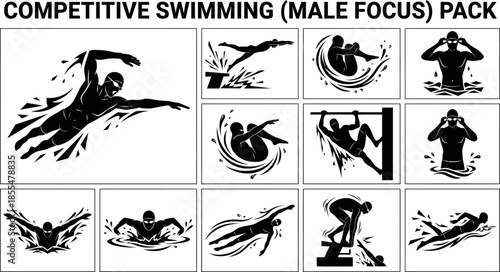 Professional male swimmers competing and training vector icons
