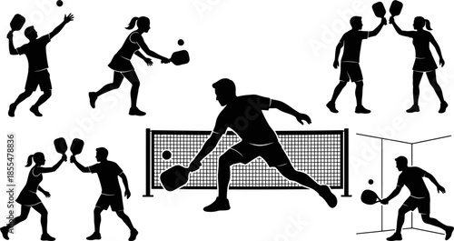 Pickleball players performing sport actions silhouette vector illustration