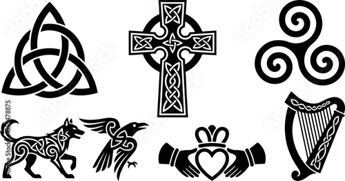 Traditional Celtic and Irish cultural symbols vector illustration set