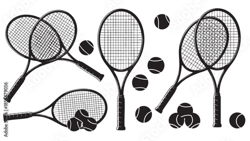 Collection of tennis rackets and balls isolated on transparent background