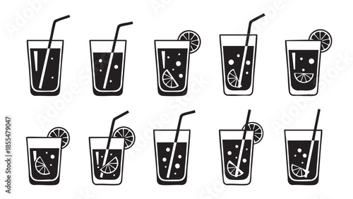 Collection of refreshing summer drink icons with lemon slices and straws