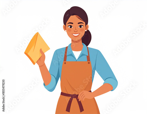 A smiling woman wearing a blue shirt and an orange apron, holding a yellow cleaning cloth.