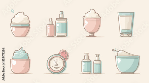Minimalist vector illustration of beauty and skincare products and tools in pastel tones