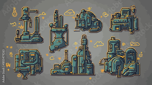 A collection of stylized industrial machinery and complex mechanical equipment illustrations