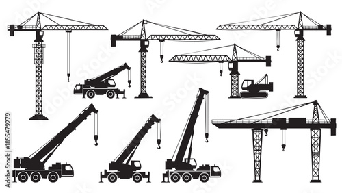 Collection of various construction cranes and heavy machinery isolated