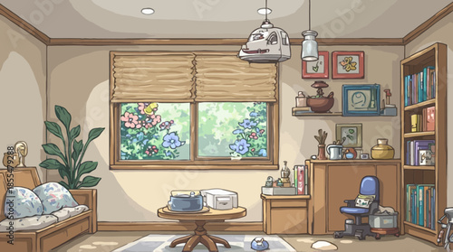 Cozy room interior with a large window showcasing colorful blooming flowers and home decor.