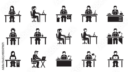 Diverse collection of people working on laptops at desks and tables