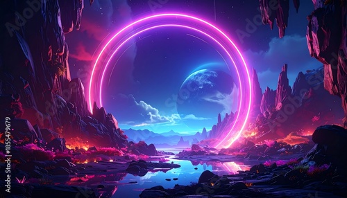 Neon portal to another dimension, featuring otherworldly landscape and vibrant colors