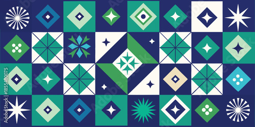 Geometric square tile pattern with blue green and white motifs