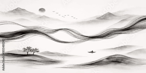 Artistic vector illustration of an abstract blue sea landscape featuring a tropical island with curved water waves and light motion lines for a modern decorative wallpaper design background