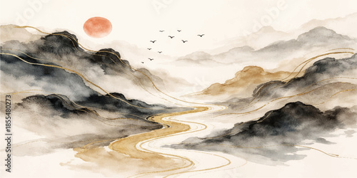 A beautiful morning mountain landscape under a bright blue sky where soft white clouds and golden sunlight create a heavenly reflection over the horizon at sunrise