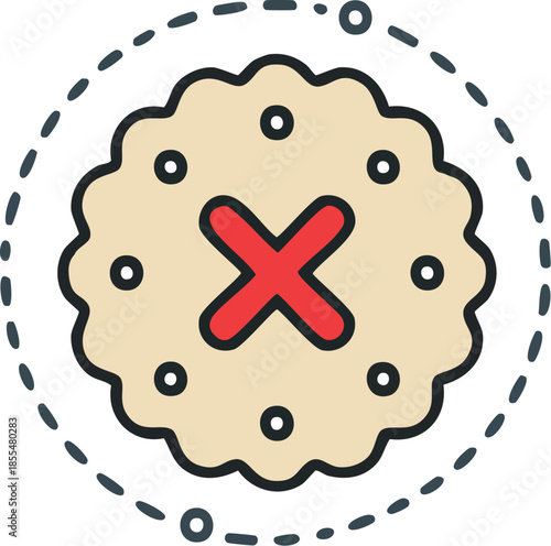 Cross mark icon on a circular cookie or biscuit with dots, representing prohibition or error