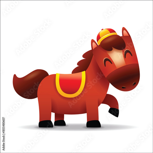 Cute Little Cartoon Horse with Chinese Hat and Saddle. Chinese Zodiac