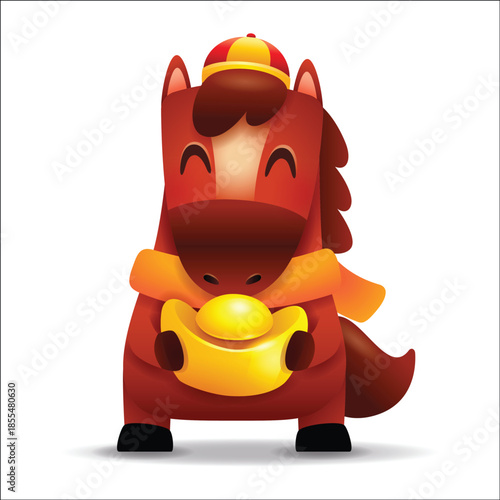 Cute Little Cartoon Horse with Scarf and Gold Ingot. Chinese Zodiac