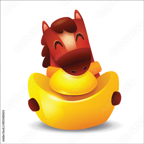 Cute Little Cartoon Horse with Giant Gold Ingot. Chinese Zodiac