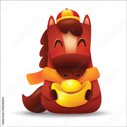 Cute Little Cartoon Horse with Scarf and Gold Ingot. Chinese Zodiac