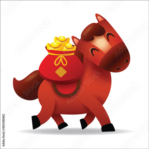 Cute Little Cartoon Horse Carrying a Money Bag. Chinese Zodiac