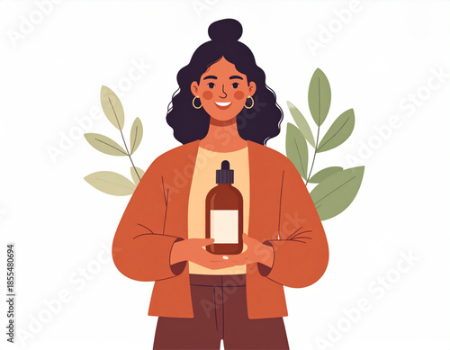 Smiling woman holding a dropper bottle with natural product, surrounded by green leaves.