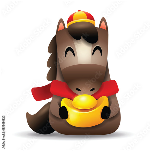 Cute Little Cartoon Horse with Red Scarf and Gold Ingot. Chinese Zodiac