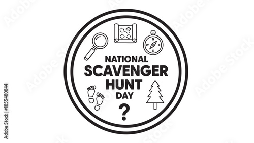 National scavenger hunt day logo with adventure icons