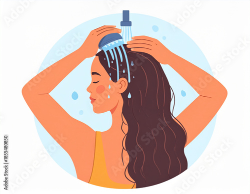 A woman with long dark hair is enjoying a refreshing shower, with water cascading over her head and shoulders, looking relaxed and peaceful.