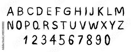 English alphabet crayon. Unique typescript font with pencil drawn. Chalk or wax texture. Vector illustration.