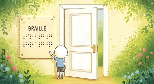 Whimsical children's book illustration of a white door with a giant Braille plaque clearly marking the entrance.
