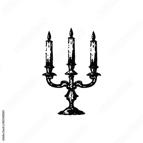 Black and white vintage candle holder illustration in hand drawn style, vintage retro line art vector