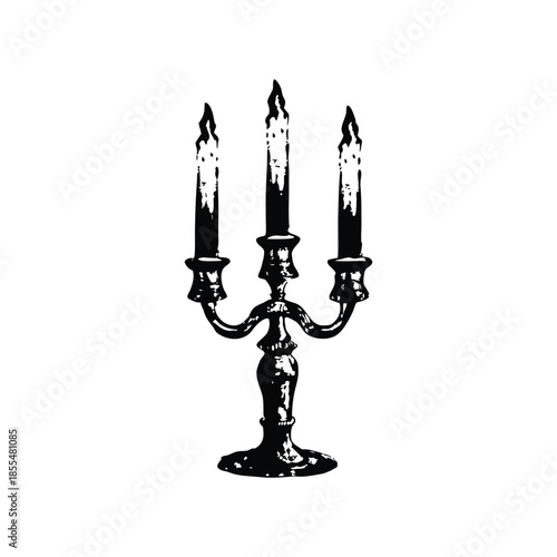 Black and white vintage candle holder illustration in hand drawn style, vintage retro line art vector