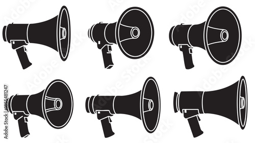 Six identical megaphones in different angles isolated on transparent
