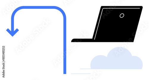 Data security, cloud storage, file backup, digital technology, remote access, data transfer. A downward arrow pointing to a laptop above a cloud. Data security and cloud storage concept