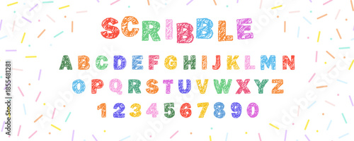 English alphabet crayon. Bold and funny kids font. Handwriting style letters and numbers. Grunge style. Vector illustration.