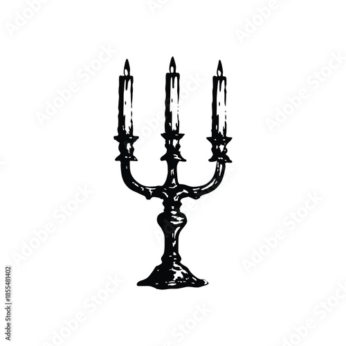 Black and white vintage candle holder illustration in hand drawn style, vintage retro line art vector
