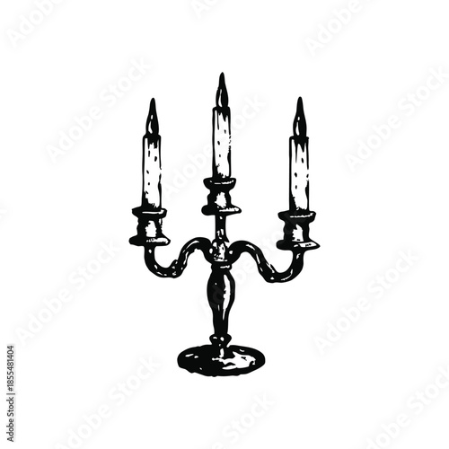 Black and white vintage candle holder illustration in hand drawn style, vintage retro line art vector