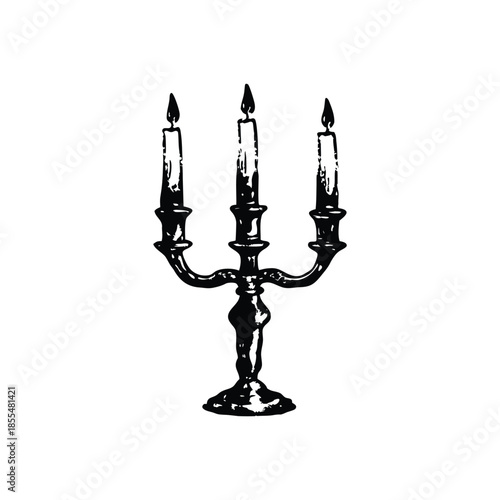 Black and white vintage candle holder illustration in hand drawn style, vintage retro line art vector