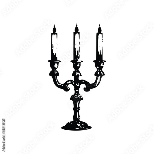 Black and white vintage candle holder illustration in hand drawn style, vintage retro line art vector