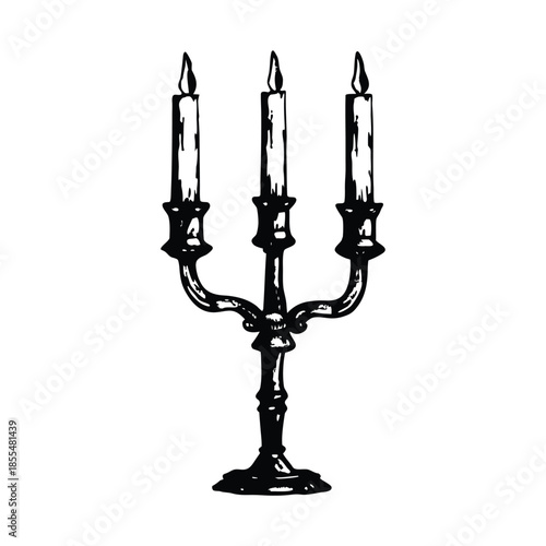 Black and white vintage candle holder illustration in hand drawn style, vintage retro line art vector